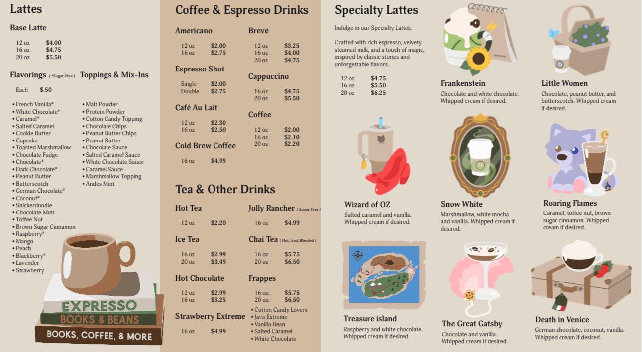 Expresso Books & Beans menu showing coffee drinks, literary lattes, and blended beverages with prices